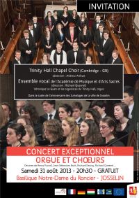 Concert exceptionnel orgue et choeurs. Le samedi 31 août 2013 à JOSSELIN. Morbihan. 